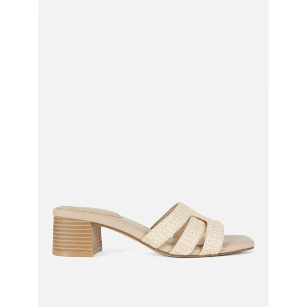 Block Heel Raffia Mules - Natural