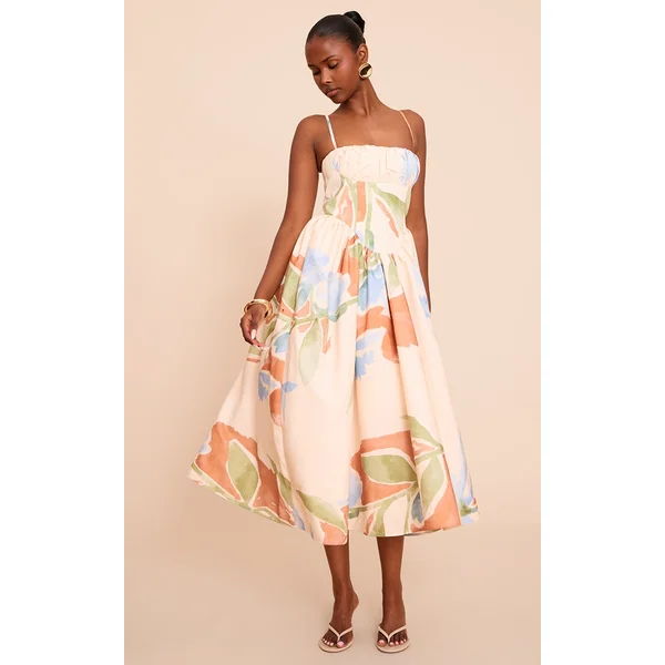 Blue Abstract Floral Ruched Bust Corset Strappy Midaxi Dress