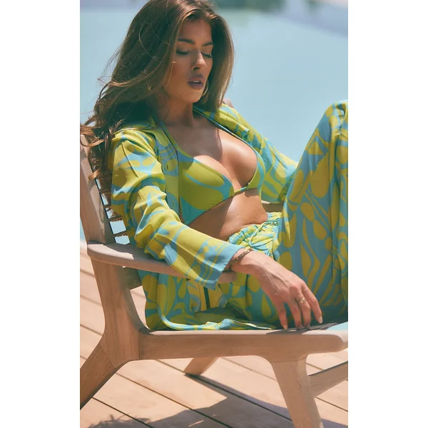 Blue Abstract Floral Satin Oversized Cuff Shirt