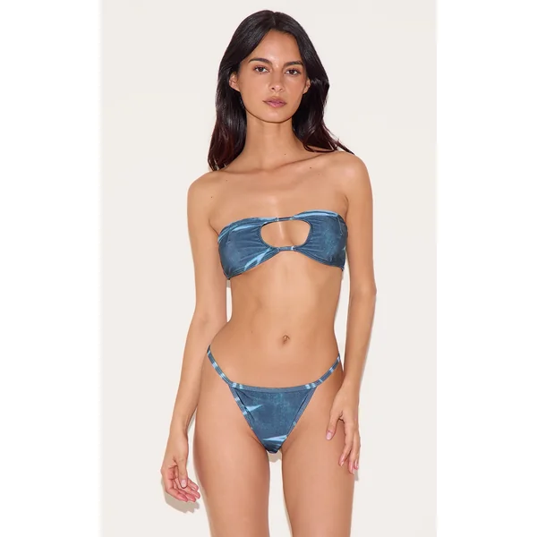Blue Abstract Print Bandeau Cut Out Bikini Top