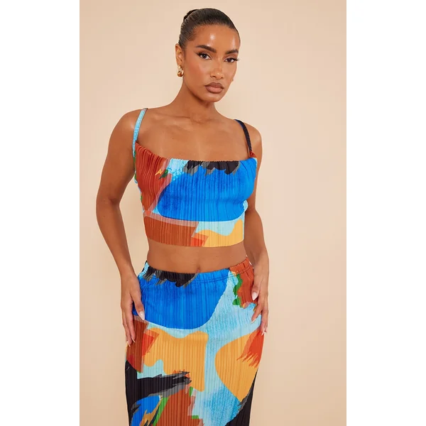 Blue Abstract Print Plisse Strappy Cowl Neck Top