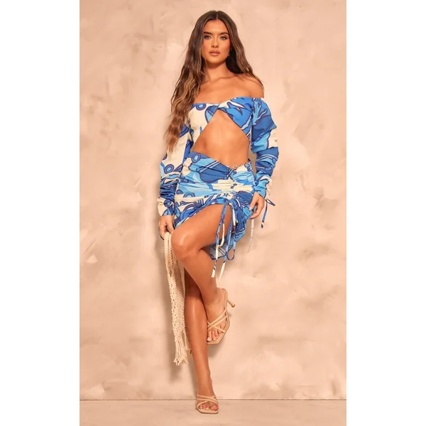 Blue Abstract Print Ruched Mini Skirt