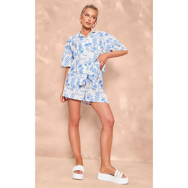 Blue Abstract Sun Printed Oversized Boxy Shorts
