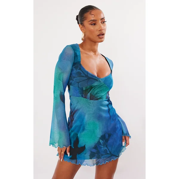Blue Blur Floral Print Mesh Underbust Detail Shift Dress