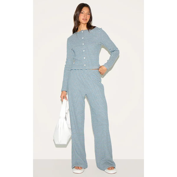 Blue Brushed Rib Striped Mid Rise Wide Leg Pants