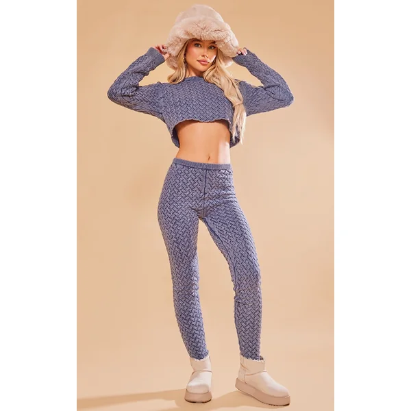 Blue Cable Knitted Denim Look Leggings