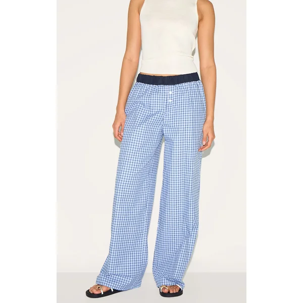 Blue Checked Contrast Waistband Boxer Wide Leg Pants