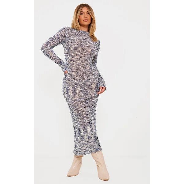 Blue Confetti Knit Long Sleeve Maxi Dress