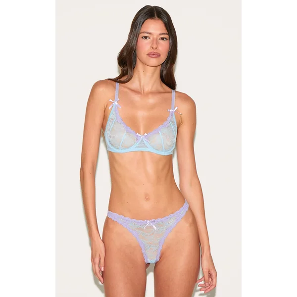 Blue Contrast Lace Underwired Lingerie Set