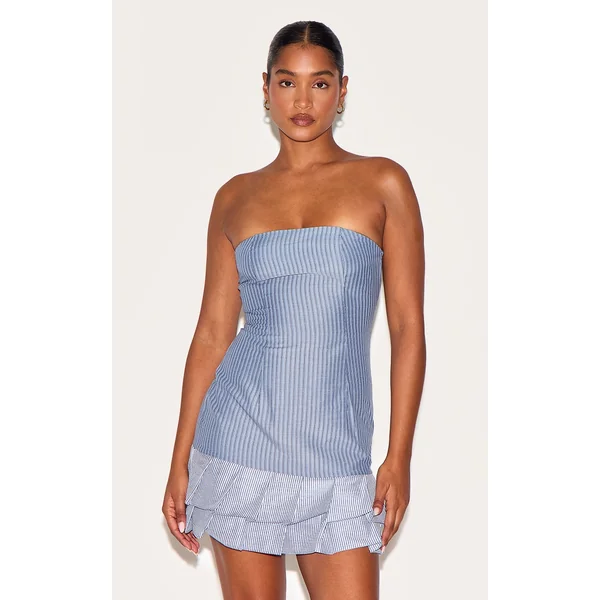 Blue Contrast Pinstripe Bandeau Shift Dress