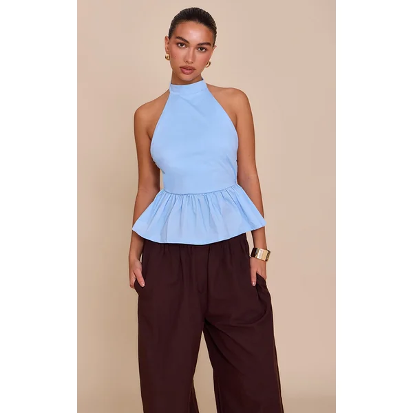 Blue Cotton Highneck Backless Long Top