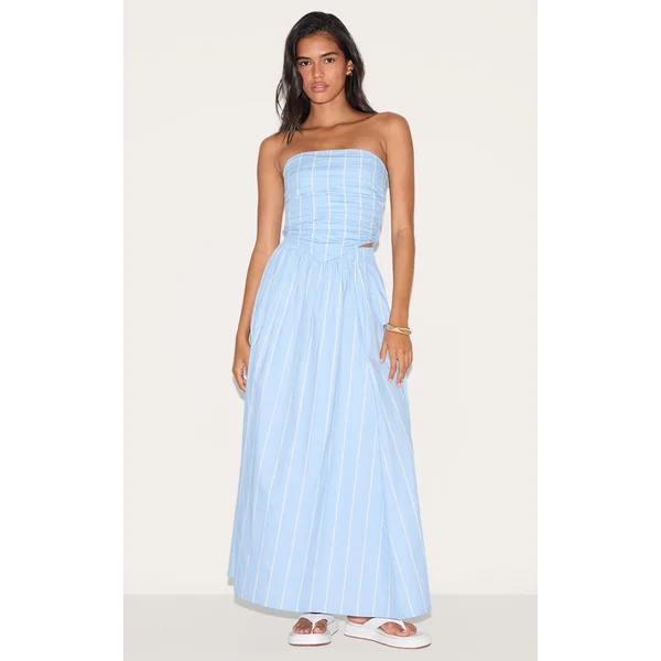 Blue Cotton Poplin A Line Low Rise Maxi Skirt