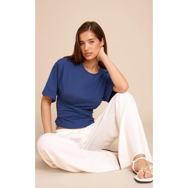 Blue Cotton Wrap Front T Shirt