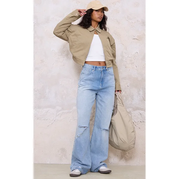 Blue Distressed Detail Wide Leg Jeans