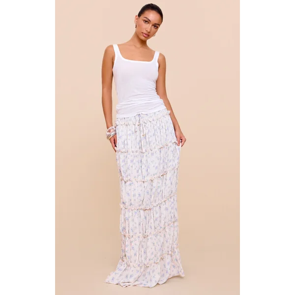 Blue Ditsy Floral Print Tiered Maxi Skirt