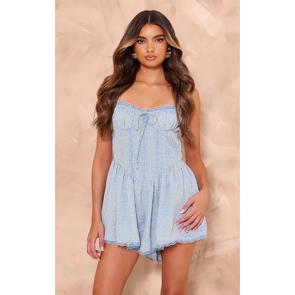 Blue Ditsy Print Woven Corset Lace Trim Romper