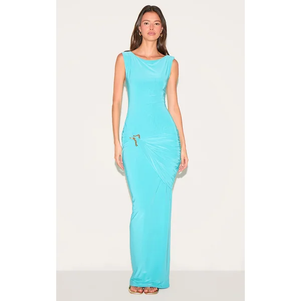 Blue Double Layer Ruched Trim Detail Maxi Dress