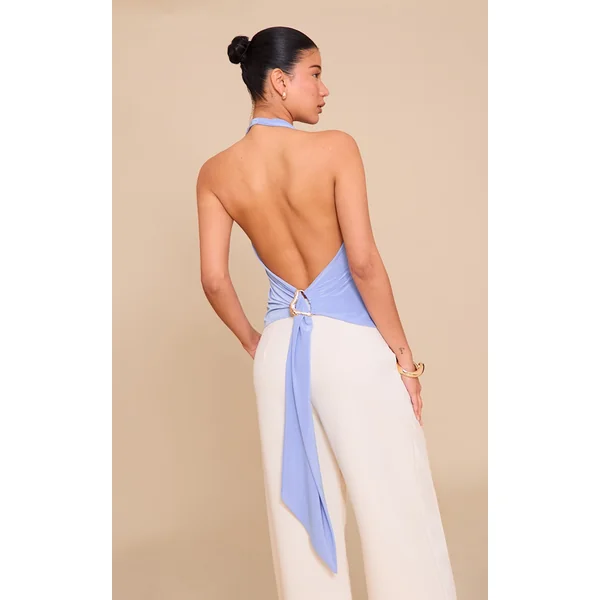 Blue Double Layer Slinky Backless Trim Detail Long Top
