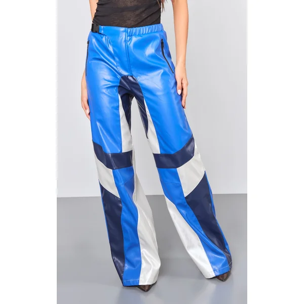 Blue Faux Leather Panel Detail Motorcross Pants