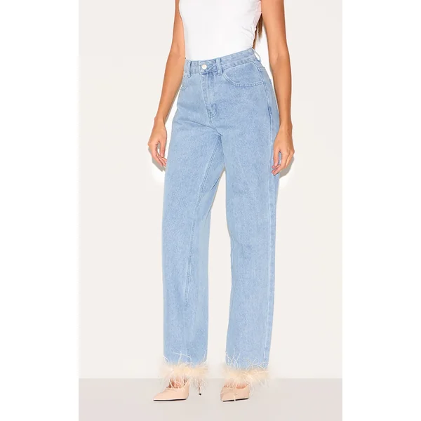Blue Feather Trim Straight Leg Jeans