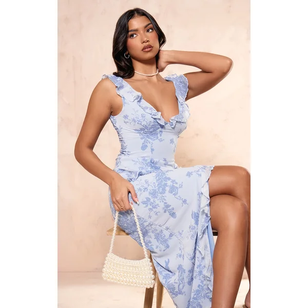 Blue Floral Asymmetric Frill Split Maxi Dress