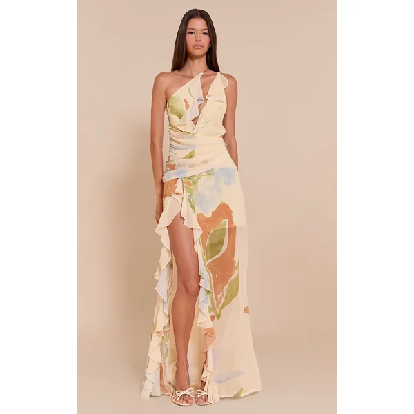 Blue Floral Chiffon Frill Plunge Strappy Maxi Dress