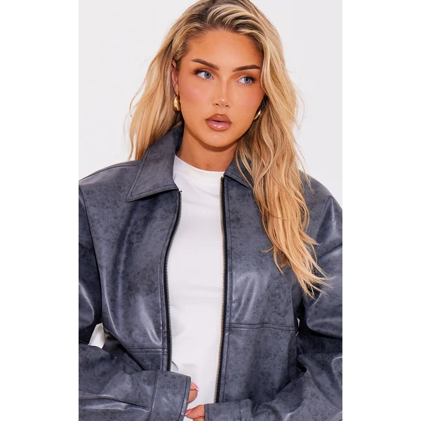 Blue Grey Distressed Faux Leather Zip Up Oversized Jacket