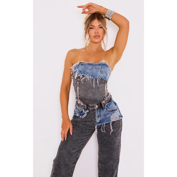 Blue Grey Layered Raw Hem Bandeau Denim Top