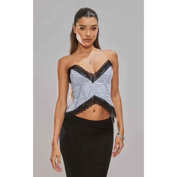 Blue Grey Silk Lace Trim Pointed Hem Boned Bandeau