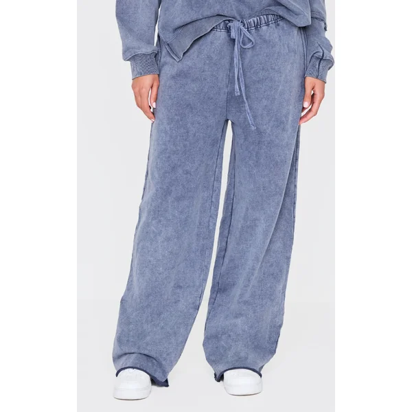 Blue Grey Washed Embossed Thin Waistband Wide Leg Sweatpants