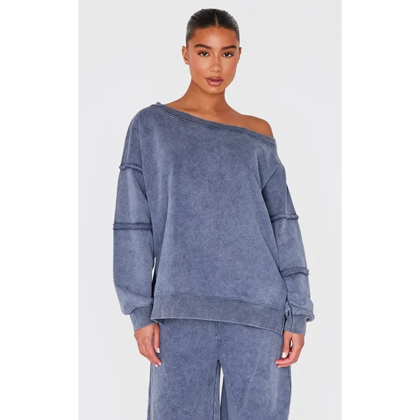 Blue Grey Washed Off The Shoulder Frayed Seam Detail Sweatshirt