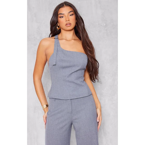 Blue Grey Woven Tailored One Shoulder Long Top