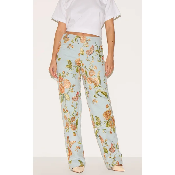 Blue Jacquard Printed Straight Leg Pants