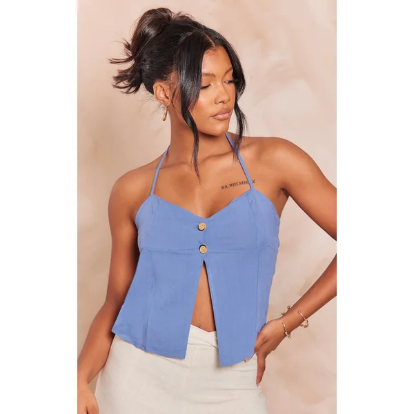 Blue Linen Button Detail Halterneck Split Front Longline Cami Top