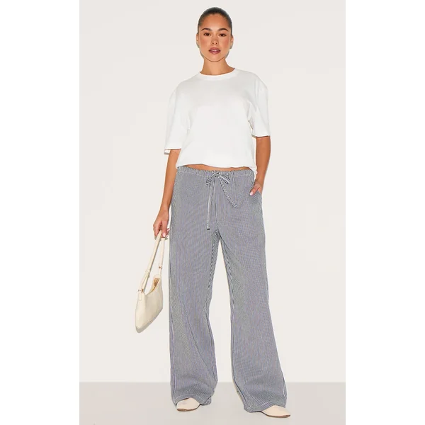 Blue Mid Rise Tie Waist Pinstripe Denim Pant
