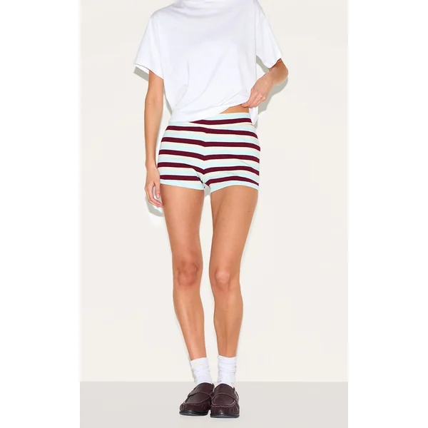 Blue Multi Stripe Jersey Rib Micro Hot Pants