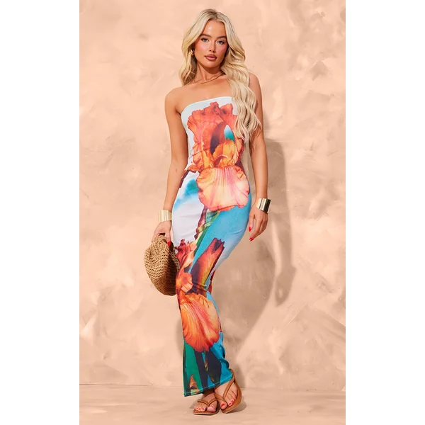 Blue Onion Skin Bandeau Orchid Print Maxi Dress