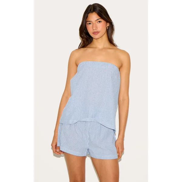 Blue Pinstripe Elasticated Bandeau Top