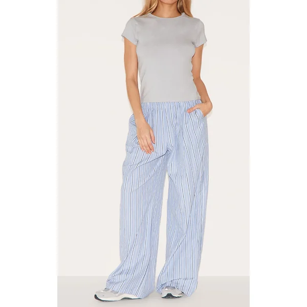 Blue Pinstripe Elasticated Waist Wide Leg Pants