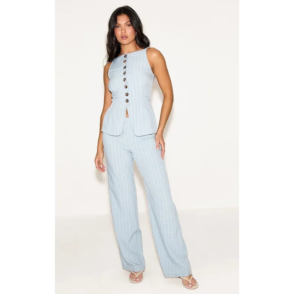 Blue Pinstripe Linen Button Down Peplum Hem Jumpsuit