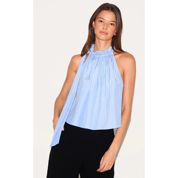 Blue Pinstripe Ruched Tie Neck Top