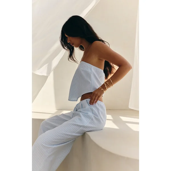 Blue Pinstriped Bandeau Dipped Hem Top