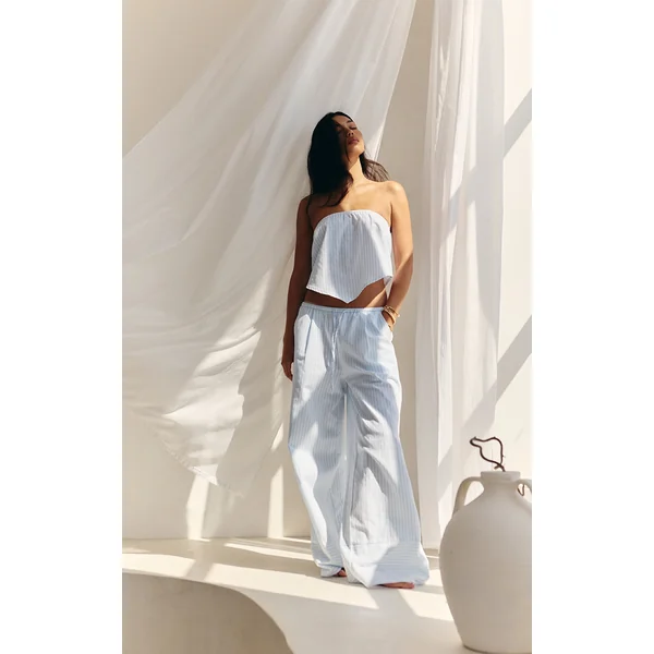 Blue Pinstriped Mid Rise Wide Leg Pants