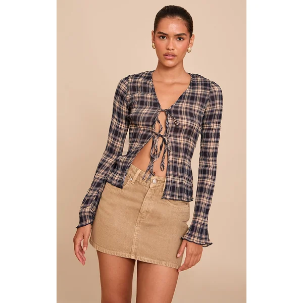 Blue Plisse Check Printed Blouse