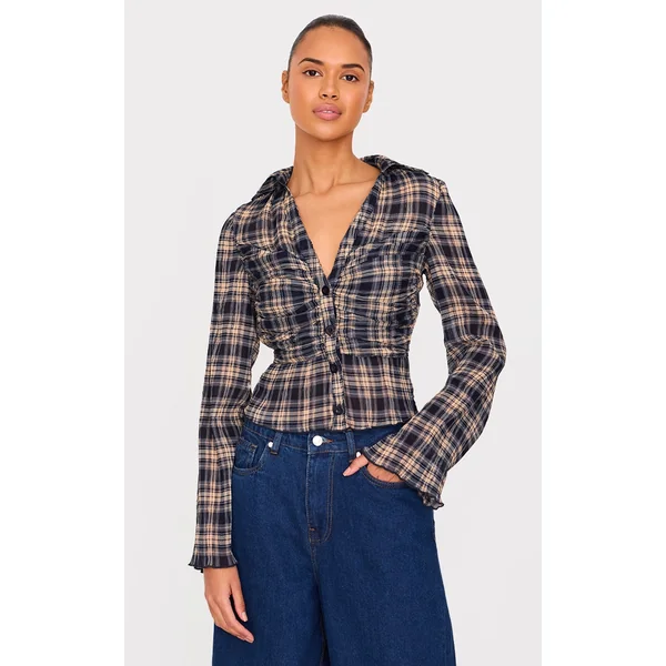 Blue Plisse Chiffon Check Blouse