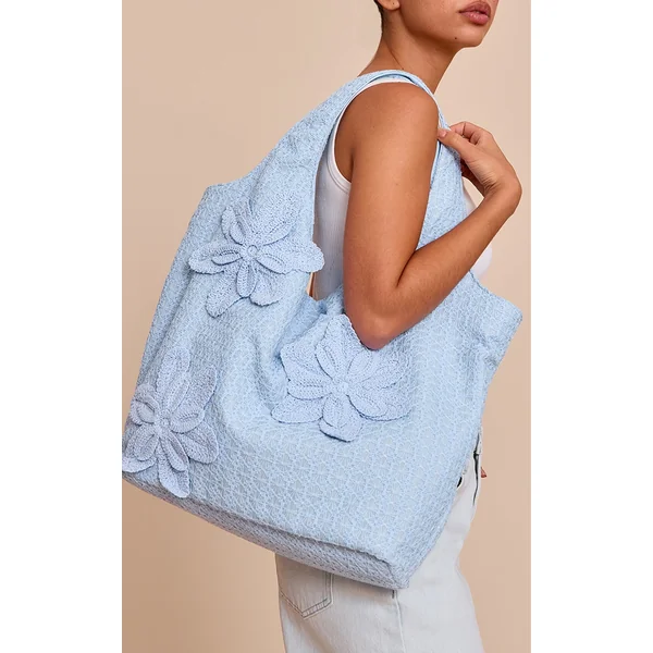 Blue Raffia Floral Placement Beach Tote Bag