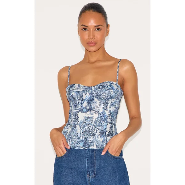 Blue Renaissance Print Structured Corset Top