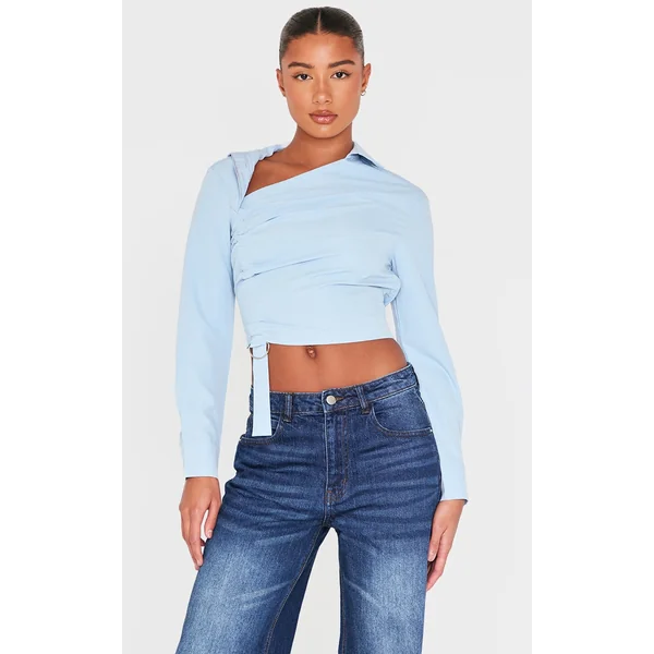 Blue Ruched Buckle Asymmetric Shirt