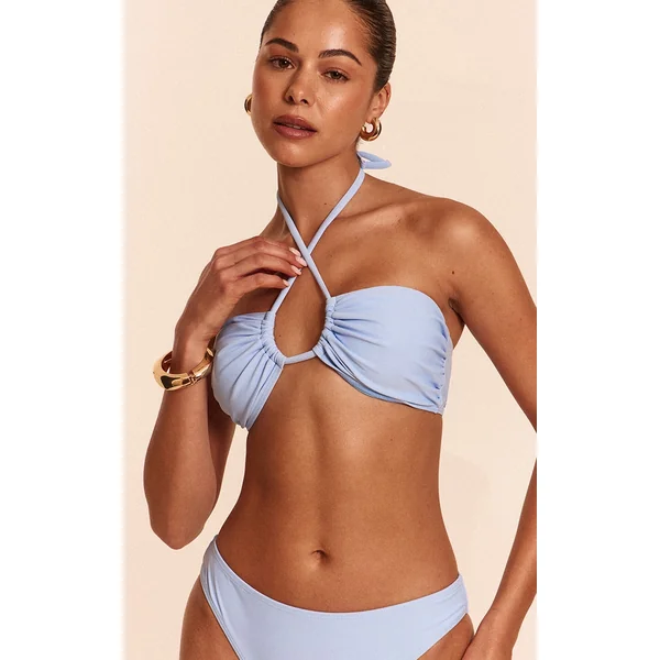 Blue Ruched Halter Neck Bikini Top