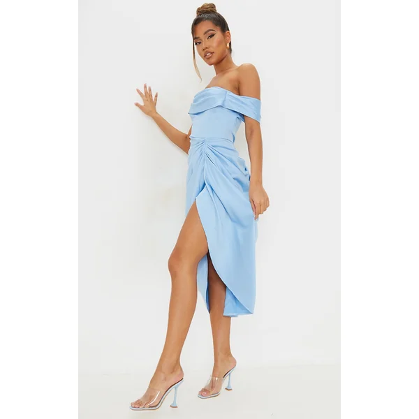 Blue Satin Draped Bardot Midi Dress